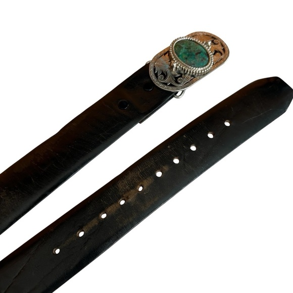 Men's Navajo Turquoise Silver Buckle Aniline Steerhide Black Leather Belt, 42 - Picture 4 of 12